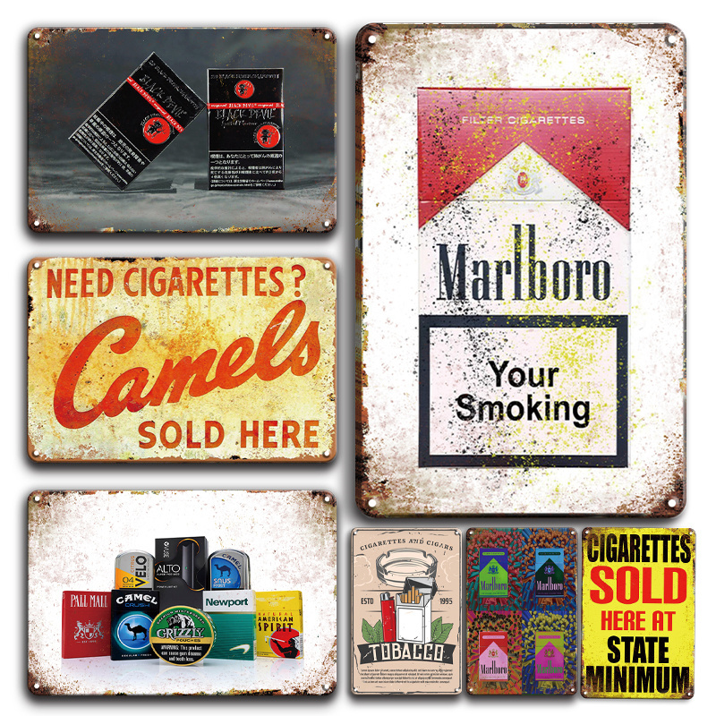 

Vintage Cigarettes Sold Here Metal Plaque Sign Smoke Shop Wall Decor Retro Cigarette Brands Tin Poster Signs Fashion Plates