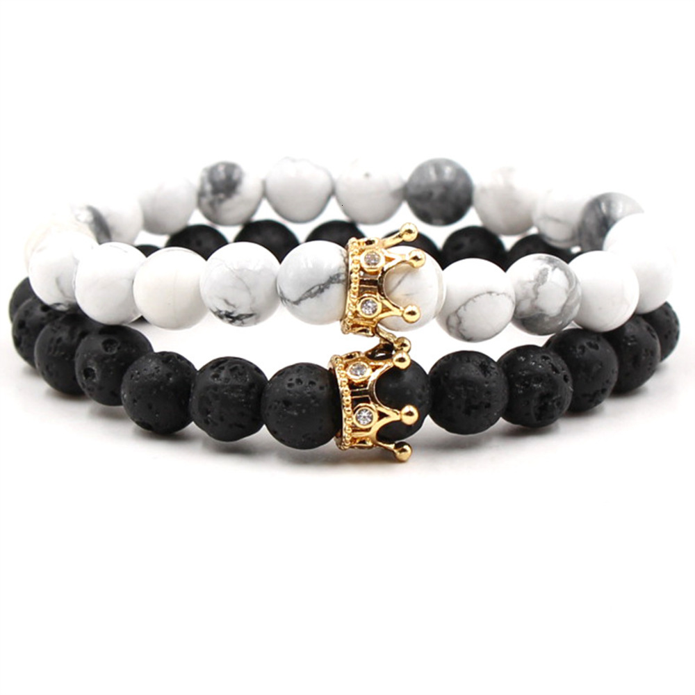 

Micro inlaid zircon crown natural stone bracelet Turquoise volcanic agate Buddha beads men's and women's Elastic Bracelet, Golden;silver