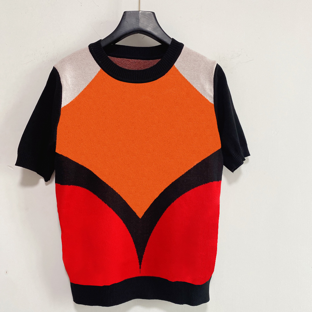 

Women' Kints Tees Fashion Tops Contrast Tshirt Womens Stitching Letter Floral Clothing Printing Knit Short-sleeved Shirt Summer 2021, Black-tshirt