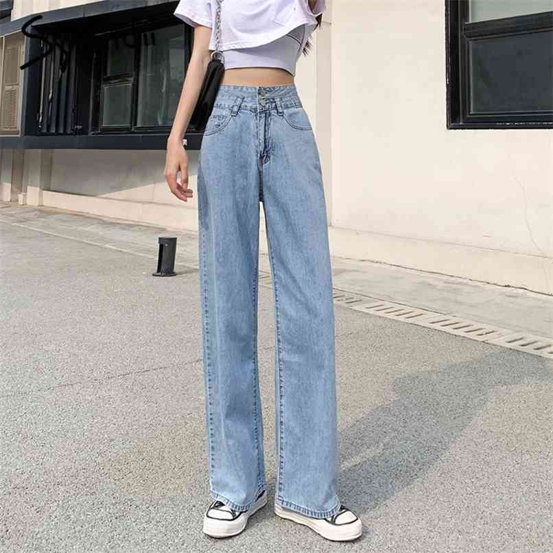 

2 Button Jeans for Women High Waisted Straight Full Length Denim Pants Trousers Clothing Baggy Mom Clothes Cotton 210607, Sky blue