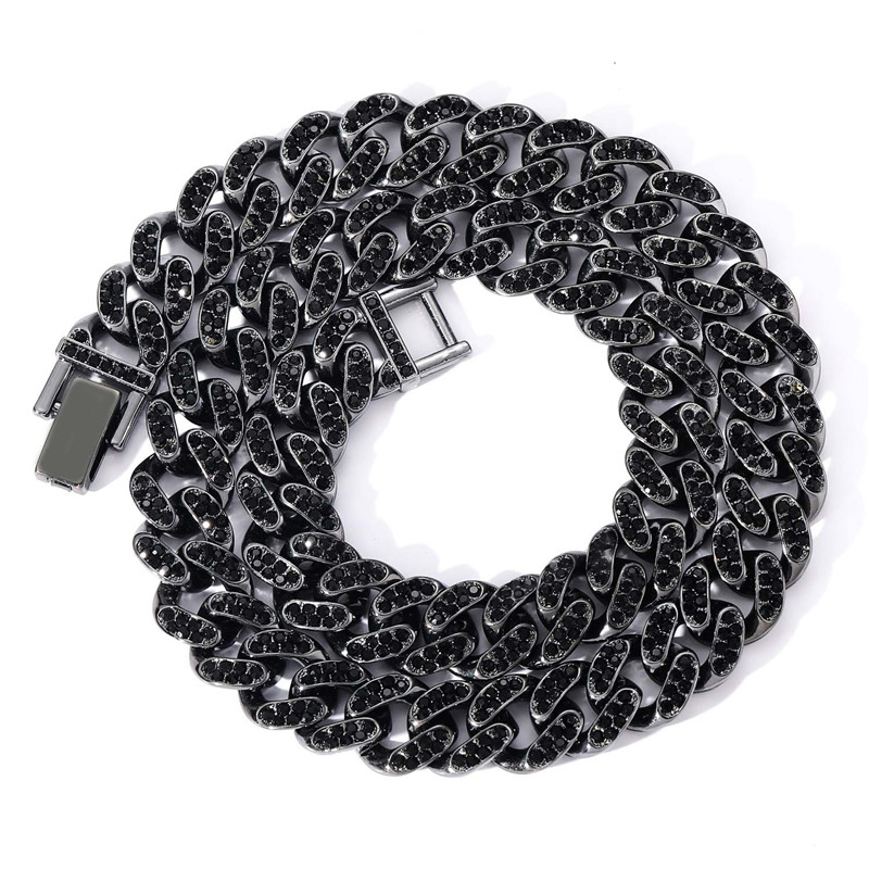 

13MM Black Diamond CUBAN CHAIN Men's Alloy Iced Out Full Rhinstone Hip Hop Bling Chains