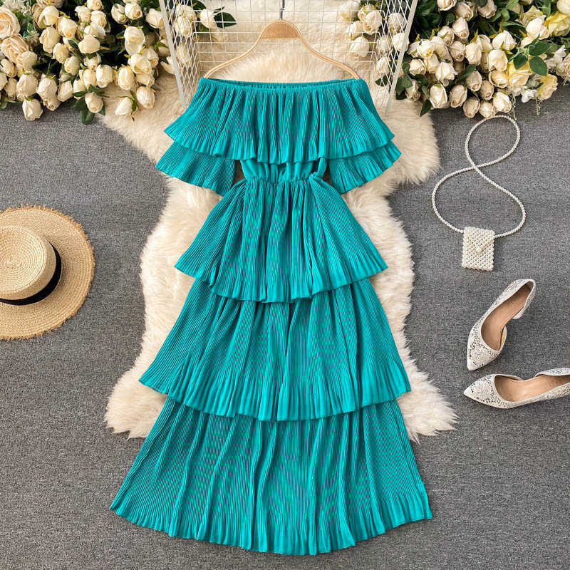 

Sexy Off Shoulder Holidays Long Dress Women Summer Fashion Slash Neck Elastic Waist Cascading Ruffles Casual Beach Pleated Dress Y0603, Purple