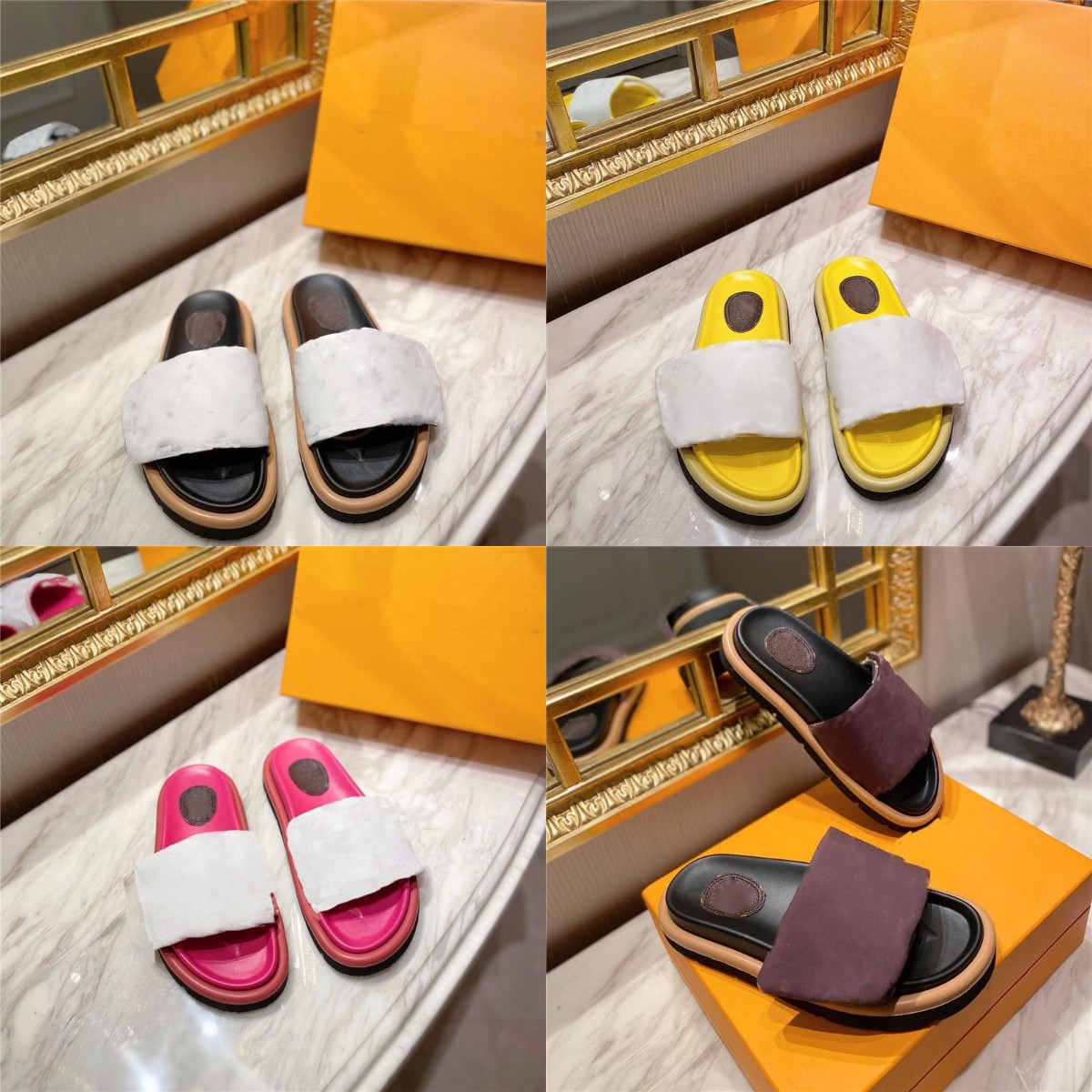 

Designer Women Slippers POOL PILLOW COMFORT Flat Sandals Printing Adjustable Flip Flop Summer Platform Flower Sandal Thick Bottom Beach Casual Slipper Box 35-42