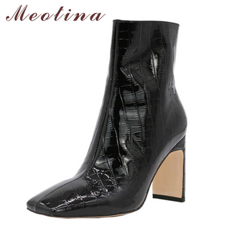 

Meotina Real Leather Super High Heel Ankle Boots Woman Shoes Zip Chunky Heels Boots Square Toe Short Boots Female Black Size 40 210608