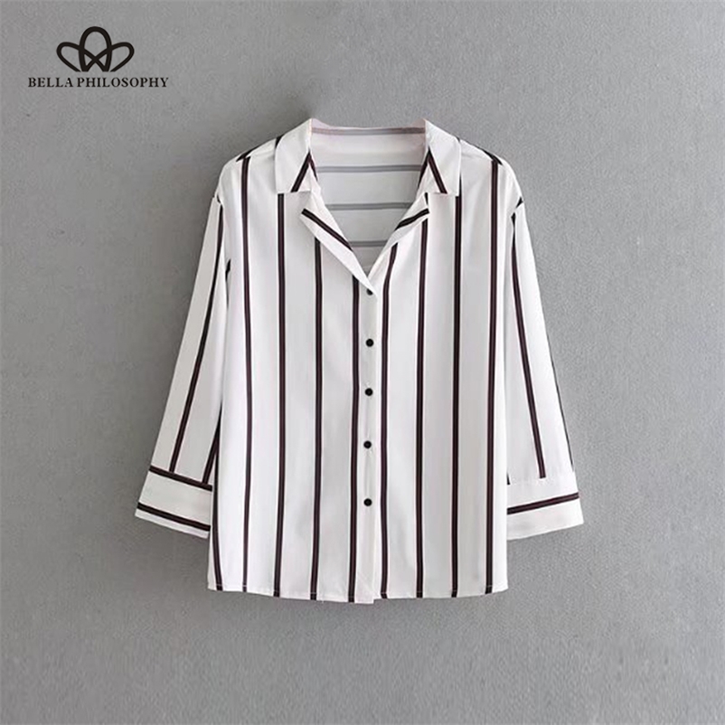 

winter women fashion blouse casual striped long sleeve turn down collar sweet 210519, White