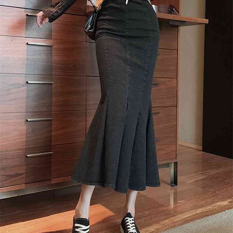 

Vintage Slim High Waist Split Mermaid Skirts Women Plus Size Mid-length Bag Hip Denim Skirt Lady Casual Mujer Faldas Fashion 210629, Dark gray