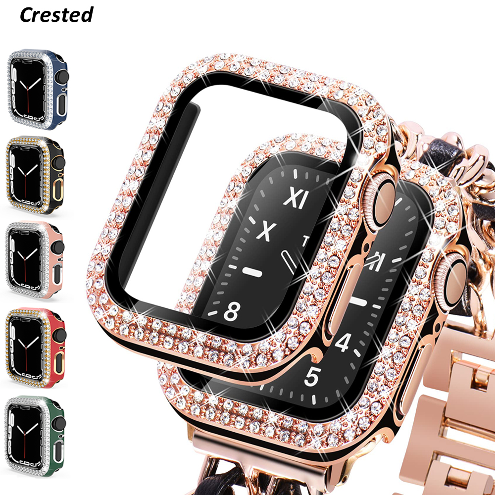 

Glass+Cover For Apple Watch case 45mm 41mm 40mm 44mm 38mm 42mm Accessories Diamond Screen Protector iwatch series 3 4 5 6 SE 7
