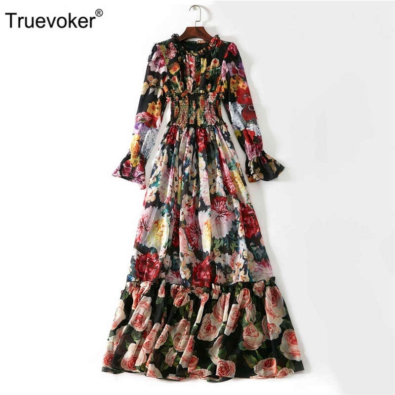 

Truevoker Designer Maxi Vestido's High Quality Full Sleeve Fancy Flower Printed Long Silk Dress Boutique Party 210602, Blue