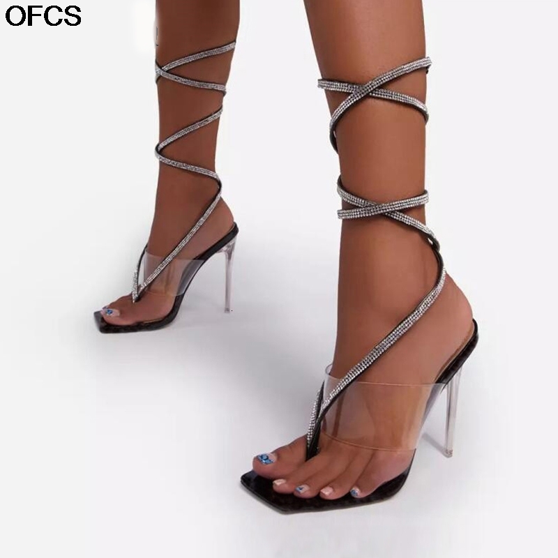 

Sandals Women Sexy Lace Up Crystal Transparent High Heel Square Toe Ankle Strap Party Dress Pumps Shoes Size 41 VT3R, Apricot