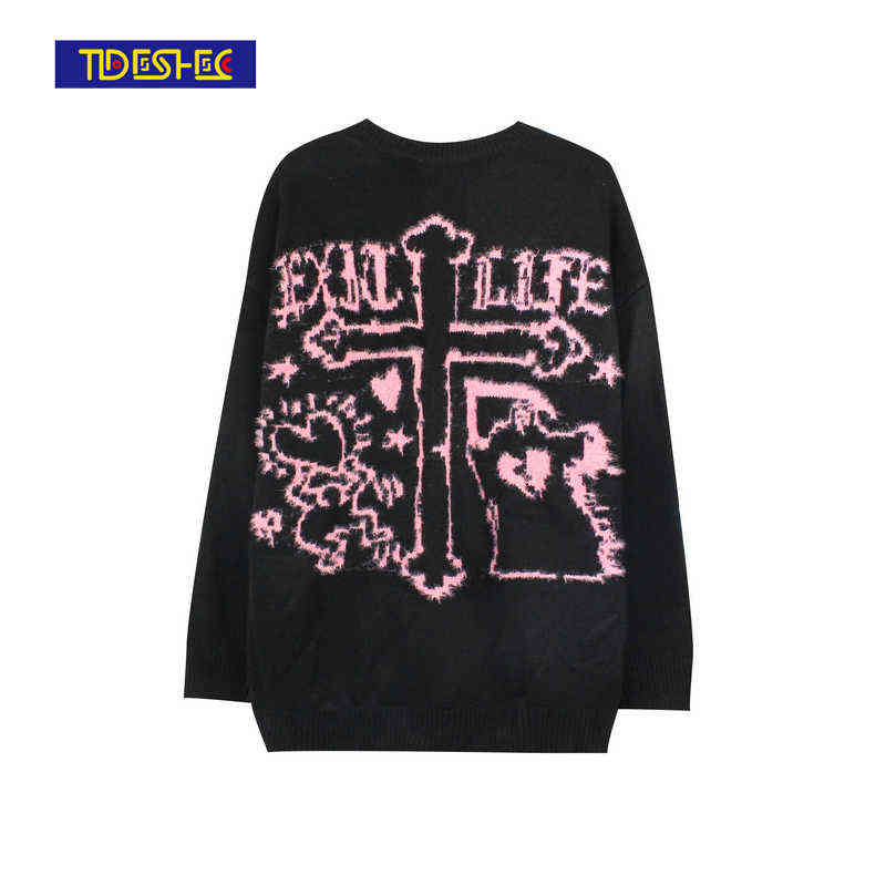 

Men's winter pattern sweater pullover men's O-neck loose fashion sweater men women casual Harajuku pullover knit sweater 211109, Black