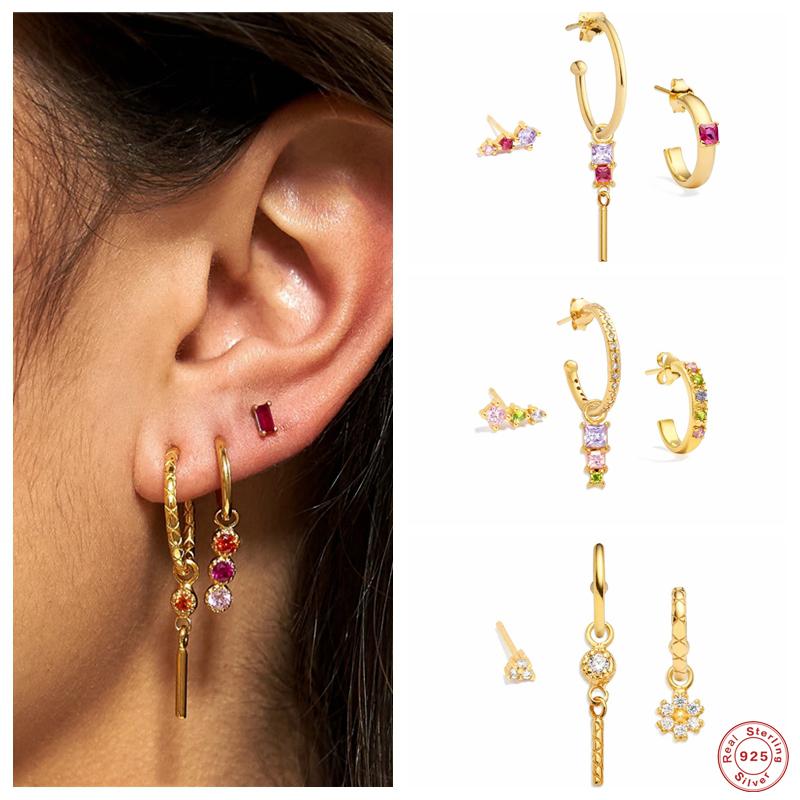 

Bracelet, Earrings & Necklace GS 3pcs/set Colored Zircons Ear Studs Set Small Bar Dangle Black Green Red Crystal Charm Hoop Jewelry