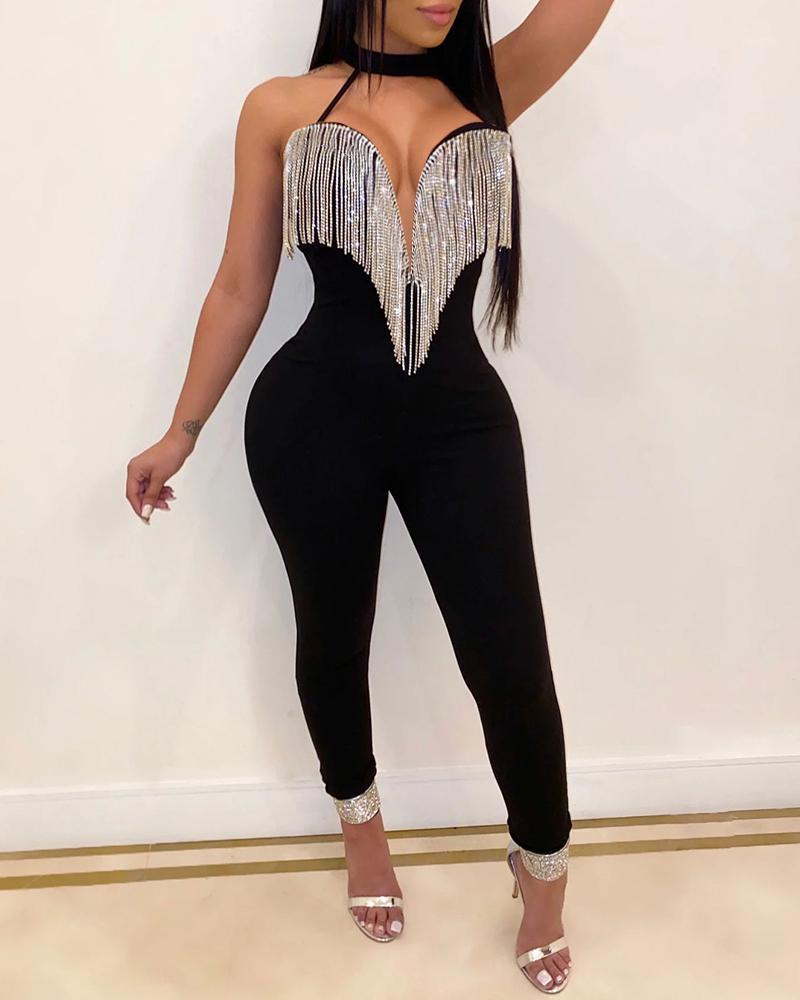 

Sexy Choker Sleeveless Tassel Design Jumsuits Sparkling Jumpsuits, Black;white