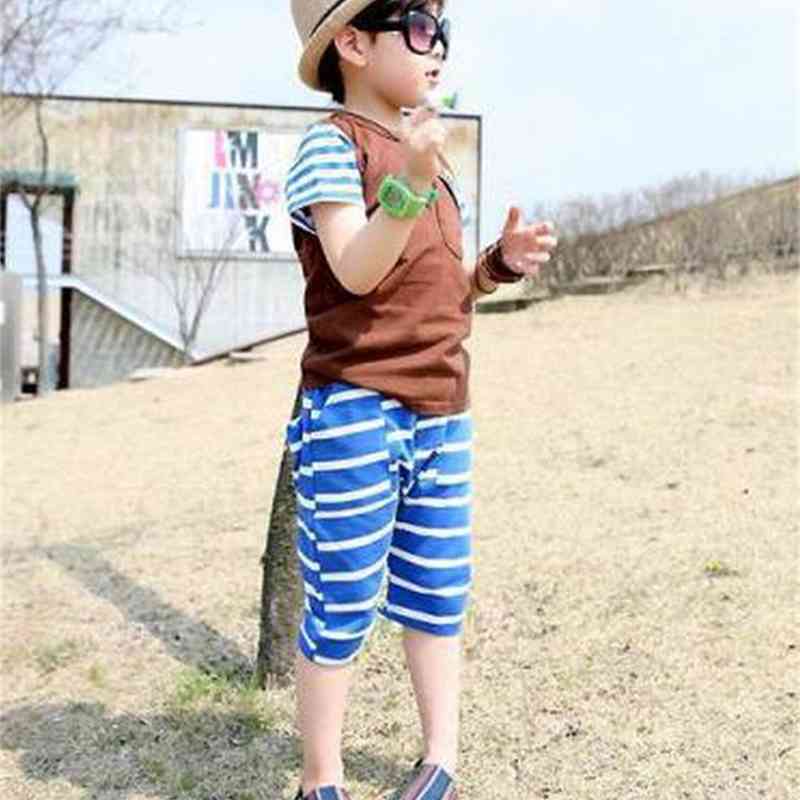 

2-7 ages High quality 100% cotton summer children clothes striped cartoon cute kid baby boy clothing set 210615, Blue