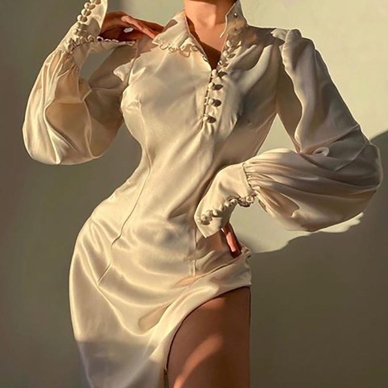 

Casual Dresses EAGLEWOLF 2021 Autumn Solid Color Stand-up Collar Pleated Waist Sexy Shirt Dress Woman, White