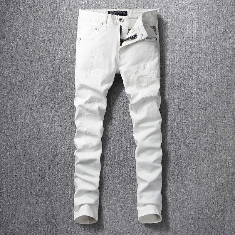 

Korean Style Fashion Men Jeans High Quality White Color Elastic Slim Fit Ripped Denim Punk Pants Streetwear Hip Hop Trousers VVE9