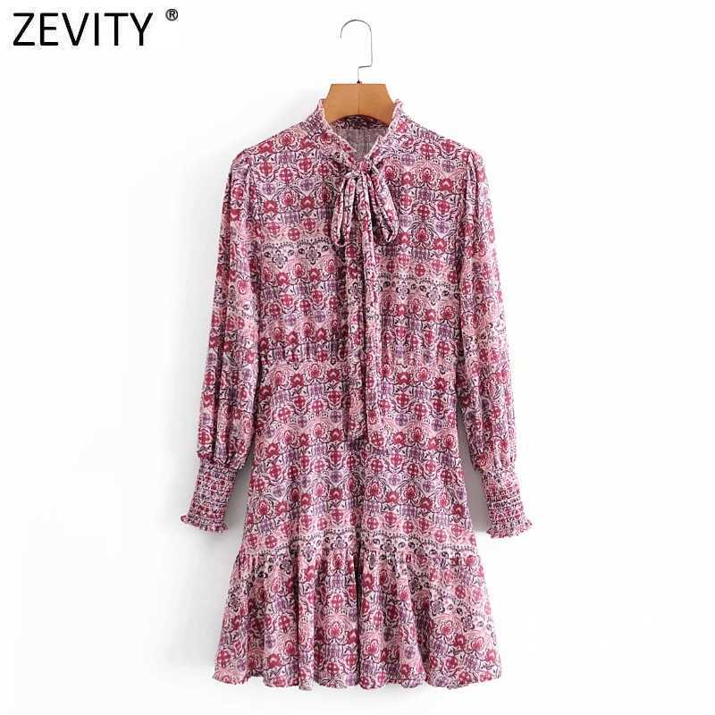 

Zevity Women Sweet Agaric Lace Floral Print Casual A Line Dress Femme Pleats Long Sleeve Bow Tied Chic Party Vestido DS4872 210603, As pic ds4872aazz