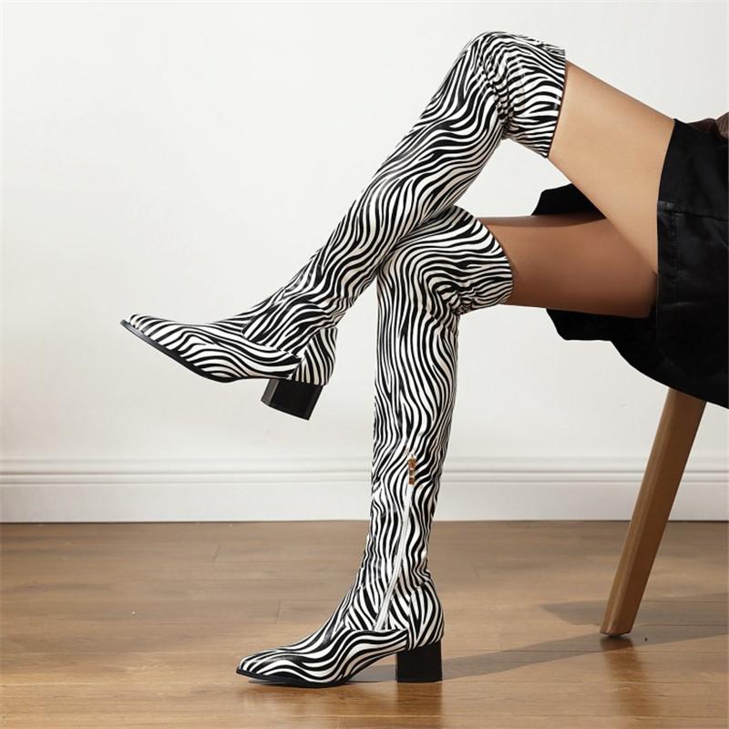 

Boots PXELENA Large Size 34-47 Zebra Thigh High Women 2021 Winter Shoes Med Heels Over The Knee Riding Party Office Lady, Beige