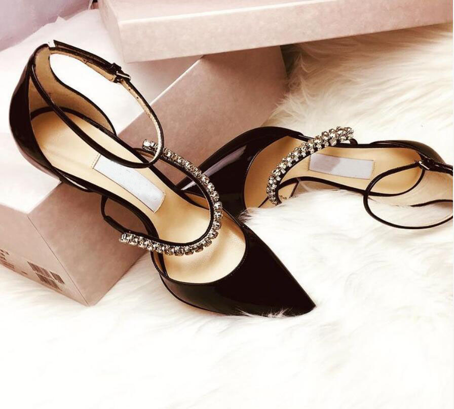 

Black/White Sandal patent leather tip pumps Famous Brands Women Pump High Heels Crystal Straps Stiletto Heels Sexy Party Wedding dress With box EU35-41