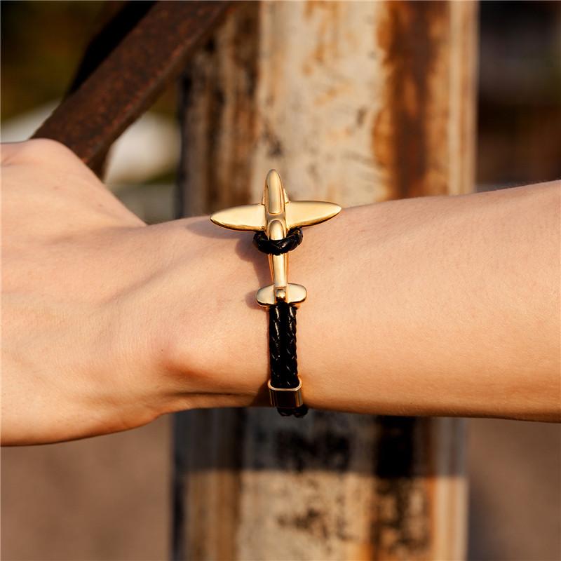 

Fashion Gold Stainless Steel Anchor Airplane Bracelets With Vintage Genuine Leather Bracelet Men Women Homme Jewelry Charm