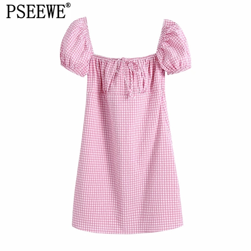 

Pink Plaid Mini Dress Women Summer Square Neck Short Puff Sleeve Woman es Elastic Back Cute For Girls 210519