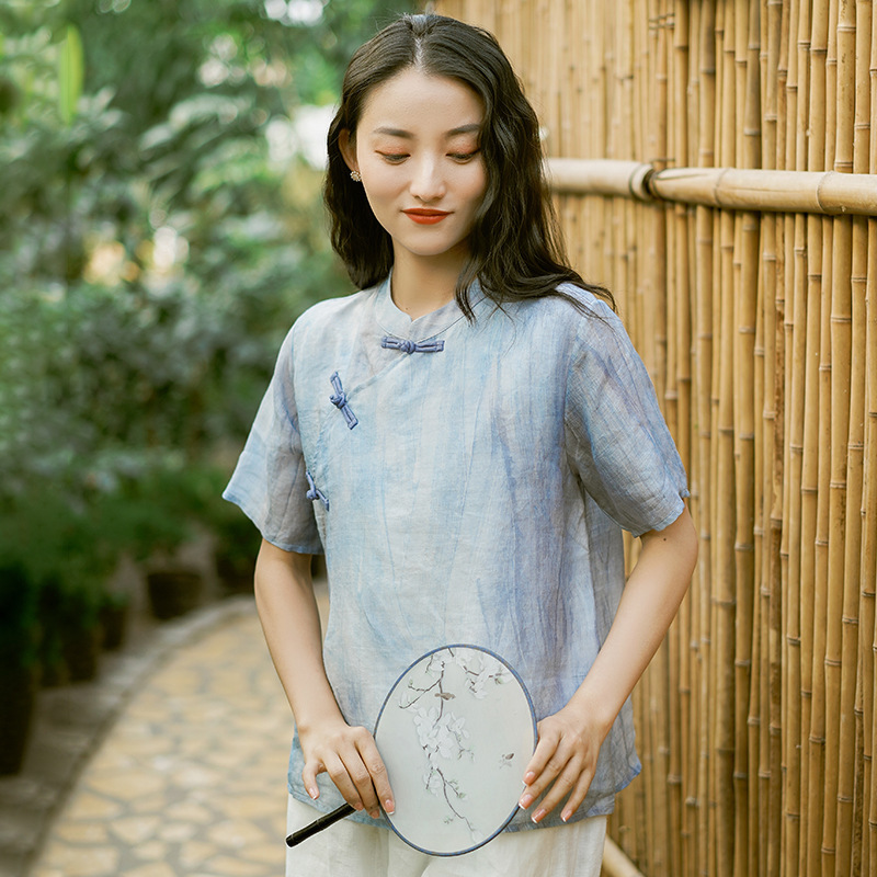 

Johnature Women Chinese Style Ramie Shirts And Tops Vintage Blouses Stand Short Sleeve Summer Button Female Shirts 210521, Blue