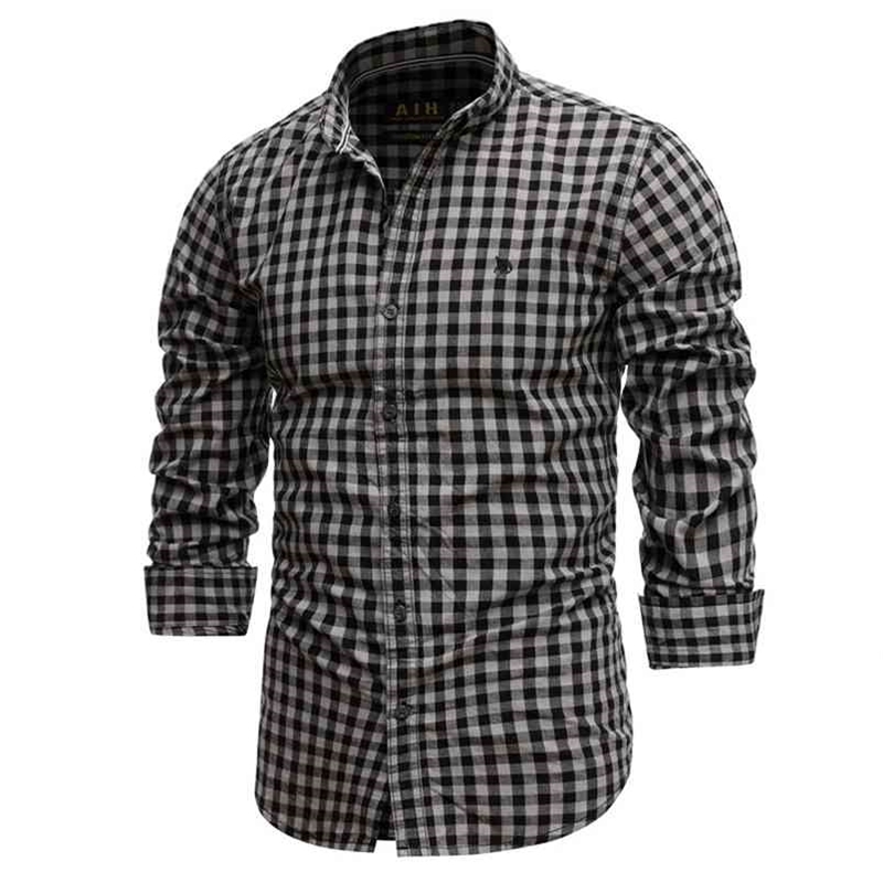 

Spring 100% Cotton Plaid Shirt Casual Slim Fit Men Shirt Long Sleeve High Quality Men's Social Shirt Dress Shirts 210708, Black