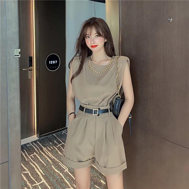 

Suits Women' Summer Style Fashion Temperament Sleeveless Top High Waist Casual Wide-Leg Shorts Two-Piece Sets Tracksuits, Black