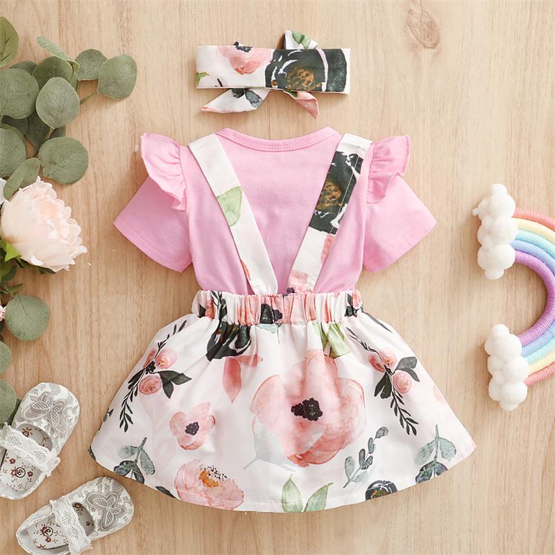 

Clothing Sets Baby Girls 3Pcs Clothes Solid Color O-Neck Short Sleeve Romper+ Suspender Skirt+ Headband Suits Infants Outfits For 0-18M, Pink