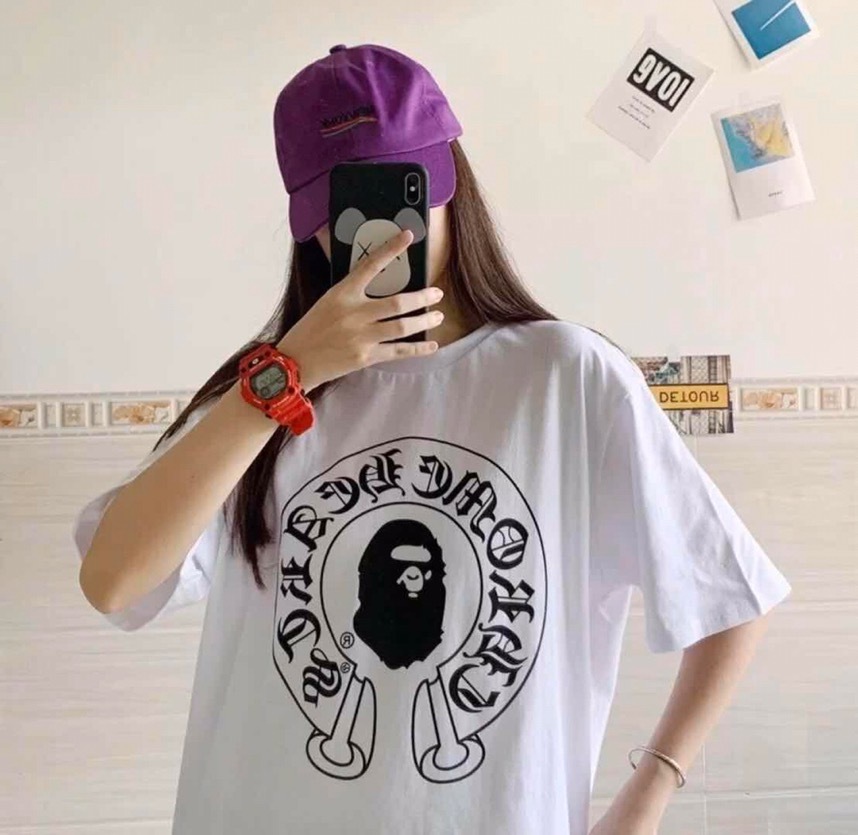 

cross Japanese fashion brand obape joint ape geometric head printing loose trend cotton short sleeve T-shirt for men and women, White;black