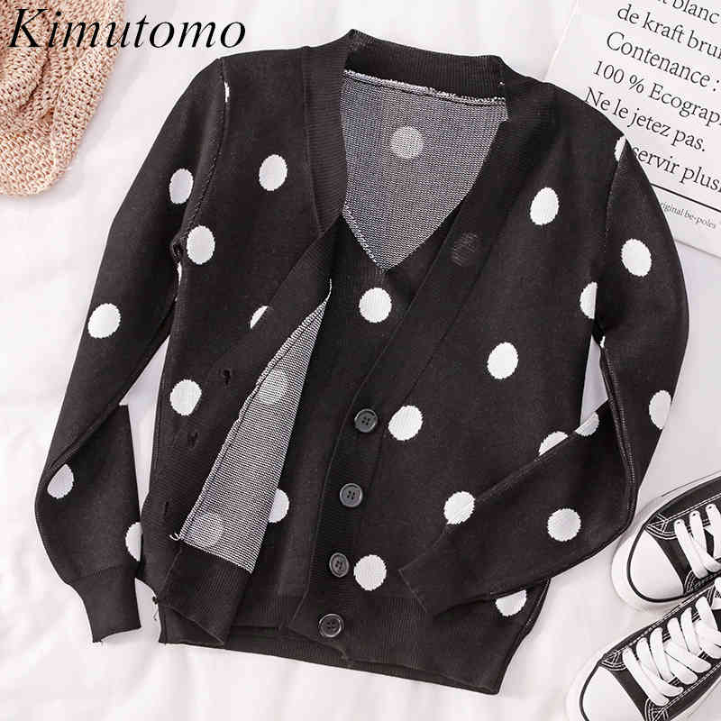 

Kimutomo Elegant Knit Two Piece Set Women V-neck Polka Dot Single Breasted Cardigans and Knitted Slim Vest Spring 210521, Black