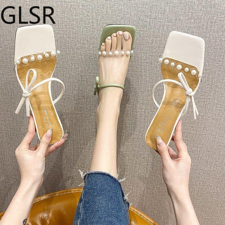 

Dress Shoes Elegant Female Sandals Transparent Crystal High Heel Square Toe Wild Open Pearl Summer Women's AO610, Black