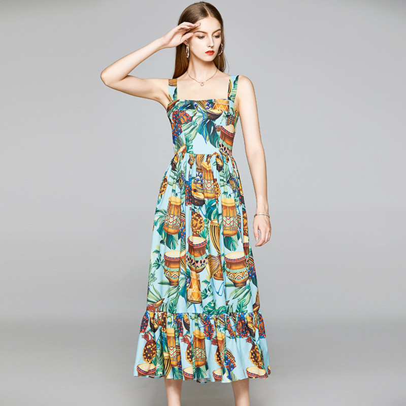 

ZAWFL Women Holiday Flower Print Pleated Sling Dress Female Spaghetti Strap Vestidos Chic Casual Summer Slip Dresses 210525, Picture color