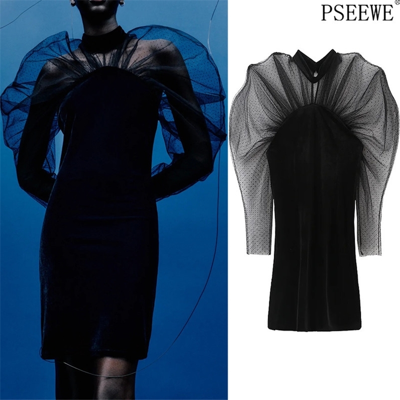 

Mesh Black Velvet Dress Women Tulle Semi Sheer Puff Long Sleeve Mini Party es Ladies Vintage Sexy 210519