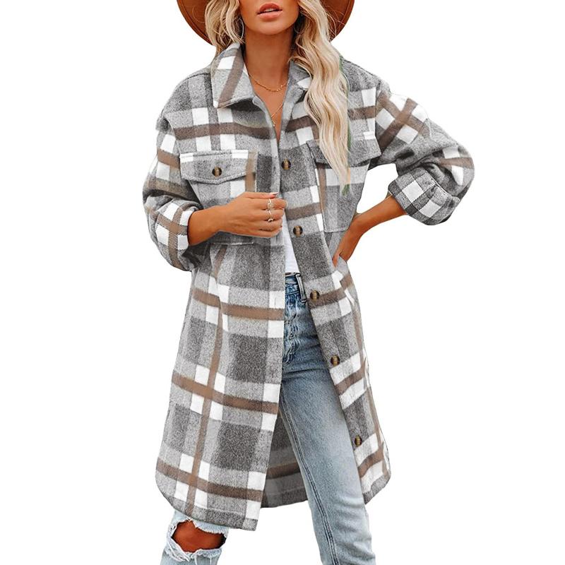 

Women' Wool & Blends 2021 Winter Women Checked Jacket Casual Oversized Turn Down Collar Plaid Long Coat Female Thick Warm Woolen Overcoat, Gray