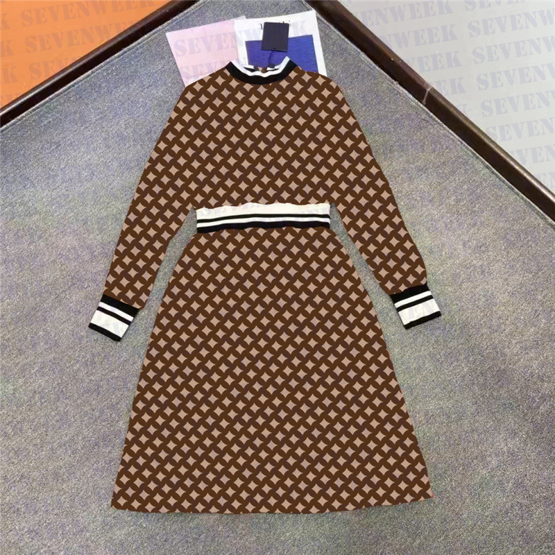 

Jacquard Letter Wool Knit Dresses Designer Womens Long Skirts Fashion Casual Dress Clothing Classic Style, Brown