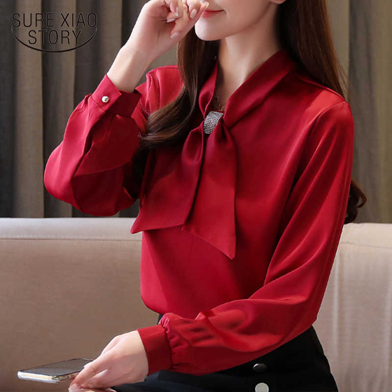 

Spring Elegant Fashion Long Sleeve Chiffon Women Shirts Bow Loose White Solid Women Blouses and Tops Red Bottom Shirts 8189 50 210527