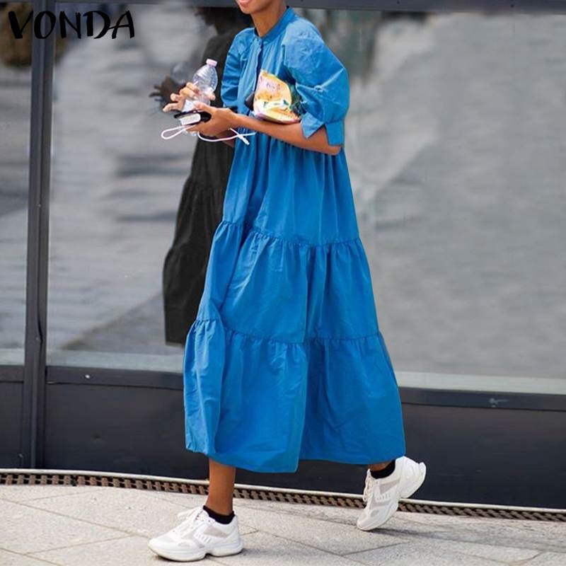 

Womens Summer Sundresses Elegant Dress Beach Vintage Swing Party Long Dress 2021 VONDA Bohemian Vestidos Plus Size Casual Robe, A-black