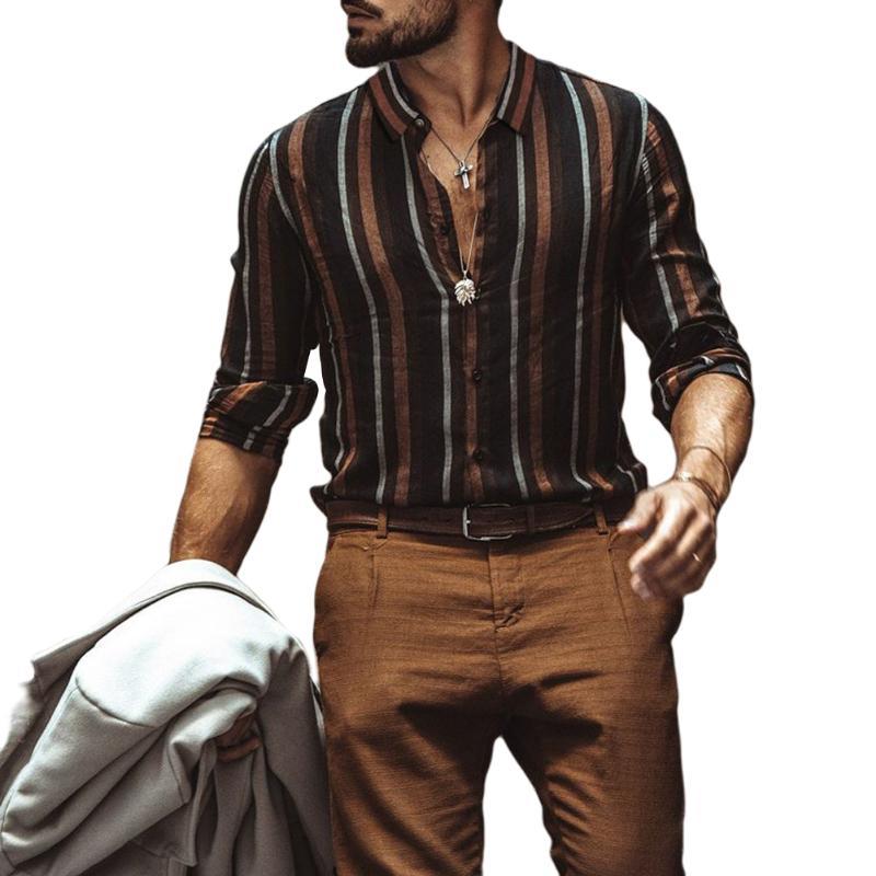 

Fashion New Simple Mens Shirt Striped Turn-Down Collar Long Sleeve Soft Clean Shirt Mens Tops Red/Brown/Gray, White;black