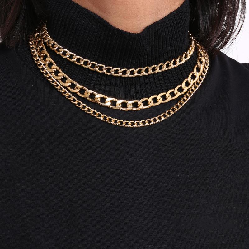 Pendant Necklaces Layered For Women Handmade Adjustable Chunky Cuban Gold Link Chain Layering Choker Trendy Jewelry Gift-image-711038886