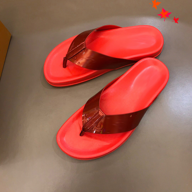 

2021 Slipper Designer Slide Summer sandals Fashion Men Beach Indoor Flat Flip Flops Leather luxurys Shoes mens Slippers with box Size 39-45 -H129, Red