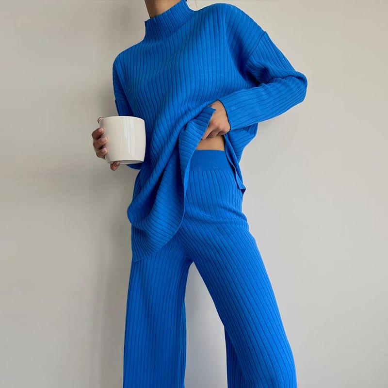 

Women's Two Piece Pants Knitted Womens Sets 2 Outfits Solid Casual Pullover Tops Hight Waist 2021 Winter Oversize Sweater Suits Blue, White
