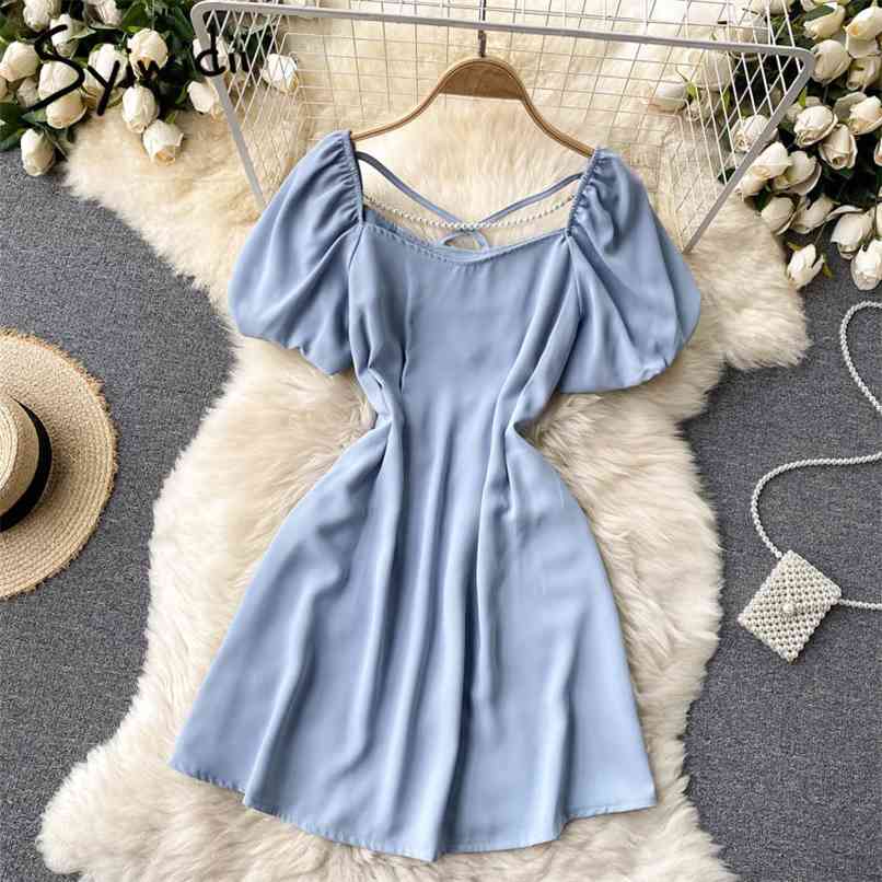

Mini Party Dress for Women Summer Fashion Puff Sleeve Square Collar A Line Black Pink Blue Red Simple Sundress 210607
