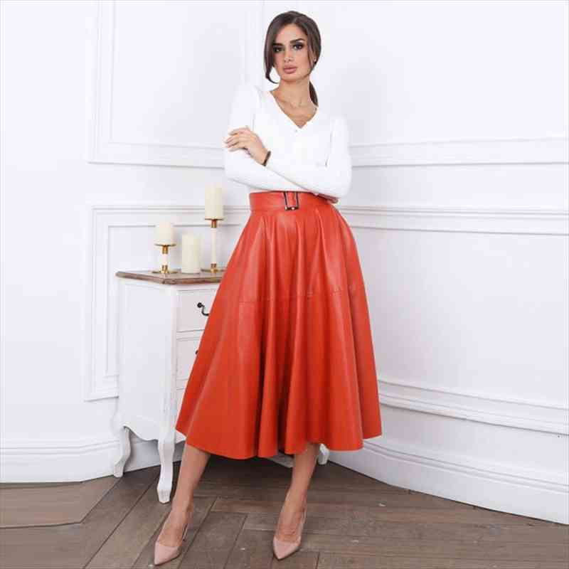 

pu leather a-line summer womens skirts solid color belt fashion office lady elegant party club skirt arrival, Black