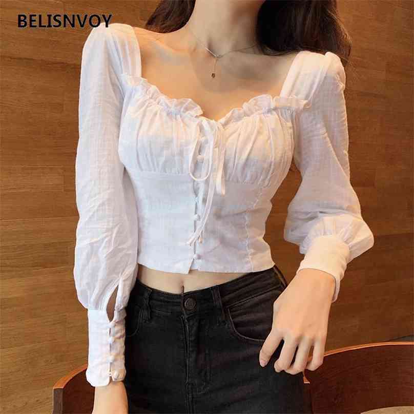 

Fashion Woman White Sexy Blouses Spring Fall Elegant Cotton Shirt Female Long Sleeve Solid Lace-up Square Collar Crop Top Blusas 210520