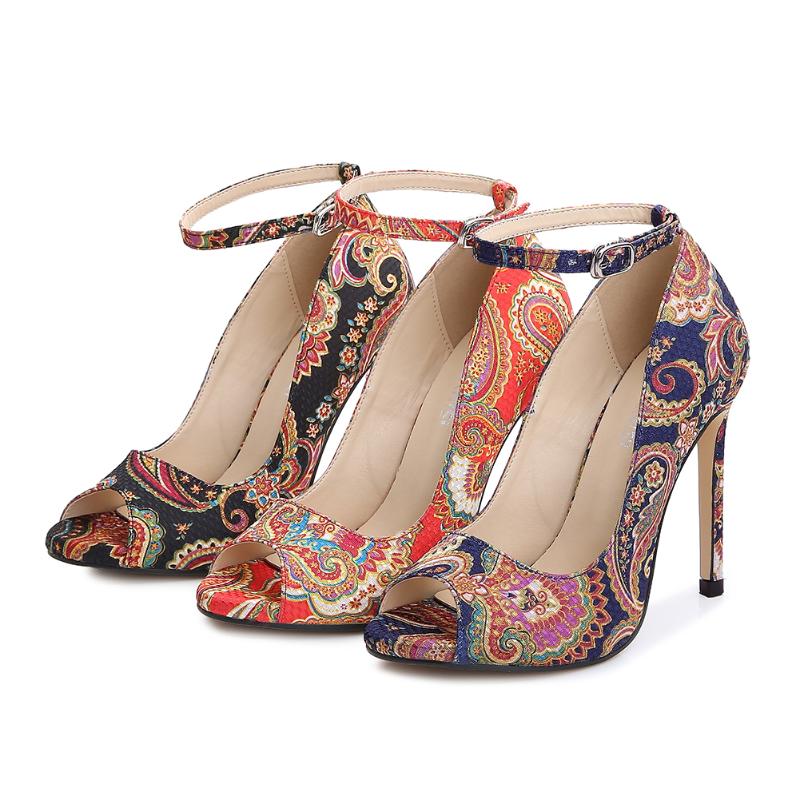 

Crossdresser Extreme 11cm Thin High Heels Pumps Sexy Ladies Ankle Strap Open Toe Shoes Woman Party Ethnic Printing Stilettos Dress, Black