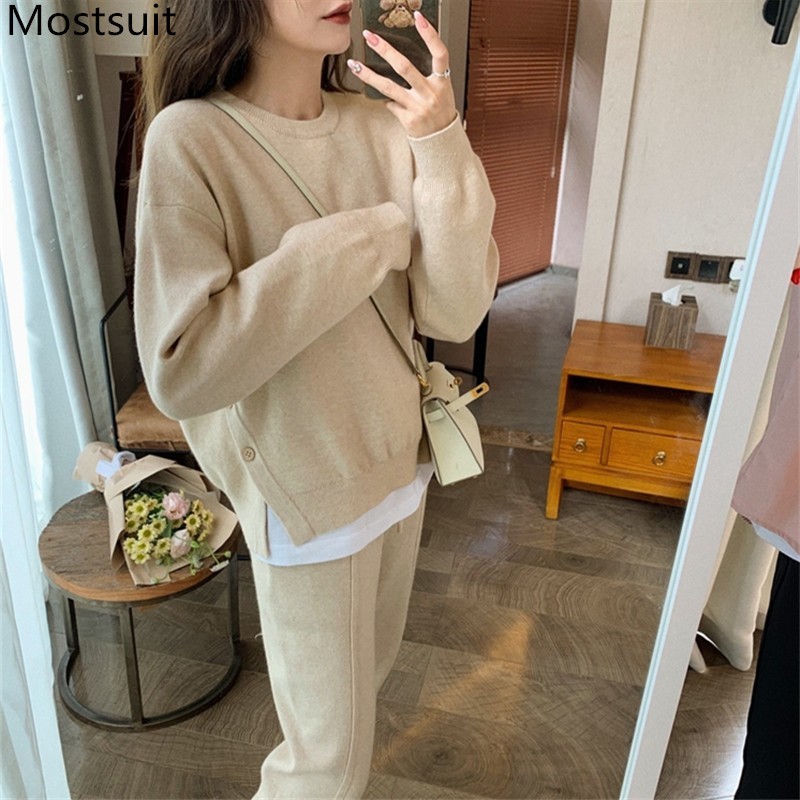 

Solid Casual Knitted Two Piece Set Tracksuit Women O-neck Sweater + Sweatpants Suits Fashion Female Sport Sets Femme 210518, Blue