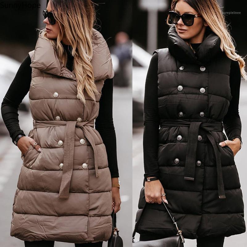 

Women's Down & Parkas Black Coats 2021 Women Vest Winter Warm Cotton Padded Jacket Female Sleeveless Jackets With Button And Belt Outwear Co