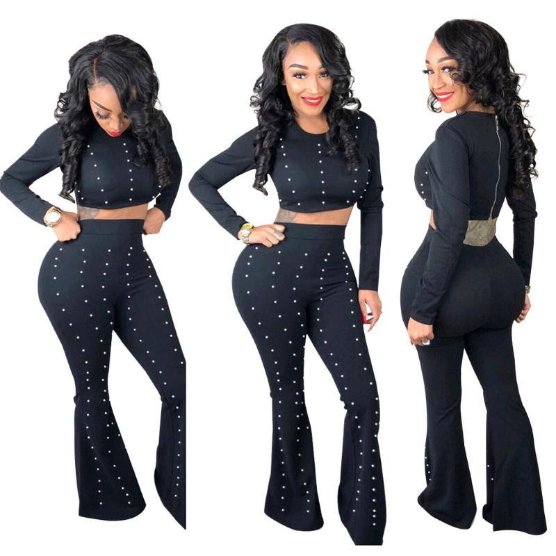 

Women' Two Piece Pants Pantsuit 2 Pc Pearls Flared Elegant Trousers Suits OL Tracksuit Outsuit Trouser Suit Jumpsuit Plus Size, Black