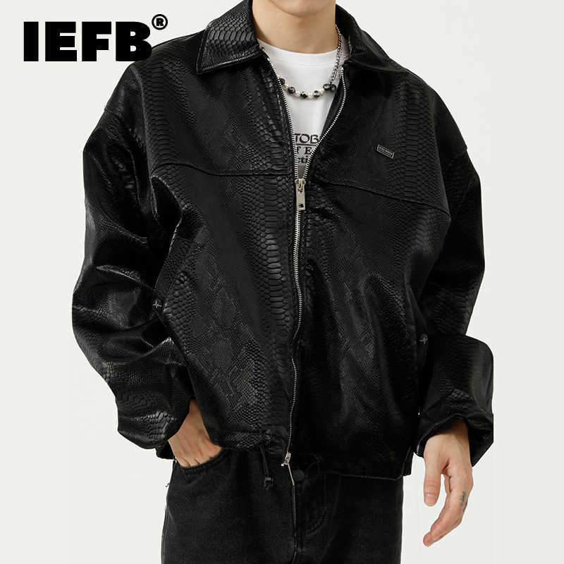 

IEFB Autumn High Quality Snake Skin Print PU Leather Coat Men's Design Loose Zipper Jacket Lapel Korean Oversize Coat Y9005 211018, Black