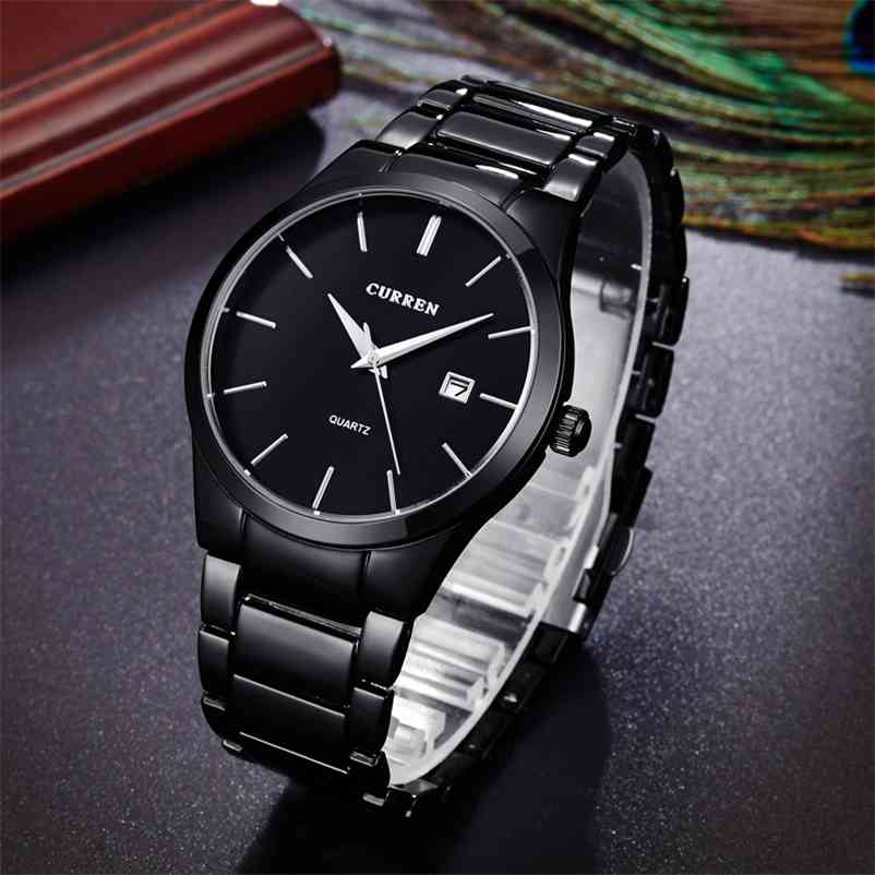 

black Curren Top Brand Business Men Male Luxury Watch Casual Full steel Calendar Wristwatches quartz watches relogio masculino 210608, Black white